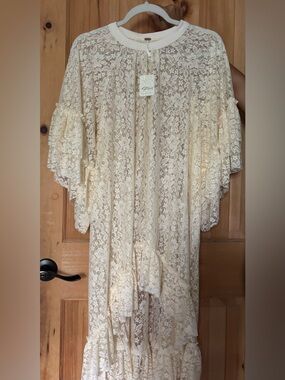 Free People Ivory Floral Lace Overlay Top